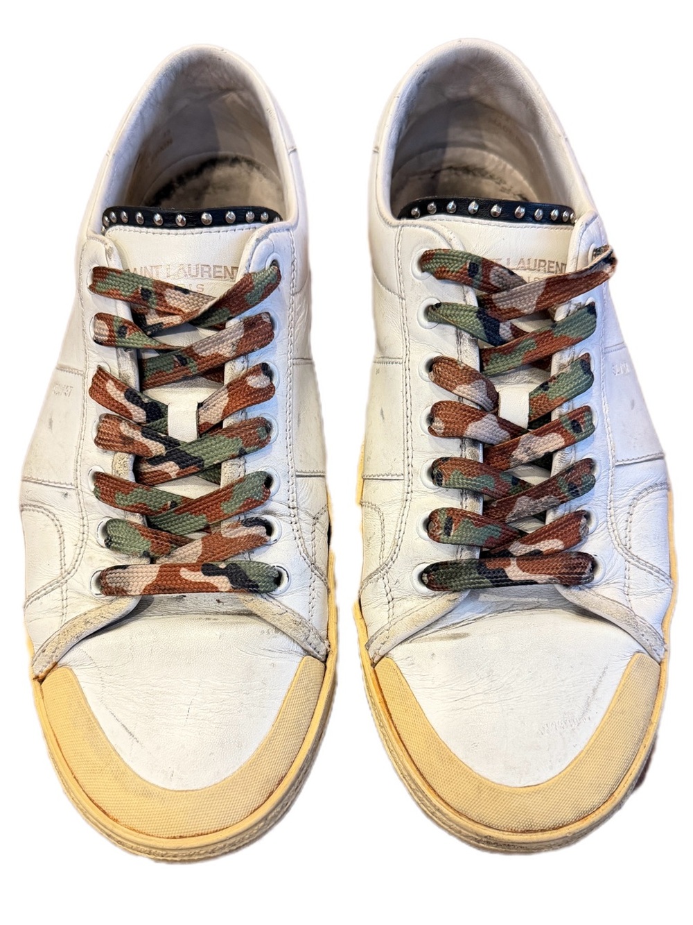 Saint Laurent Paris SL/37 White Leather Men’s Trainers with Camouflage Laces US